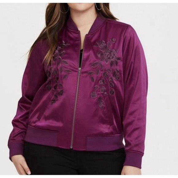torrid Jackets & Blazers - Torrid Purple Satin Embroidered Bomber Jacket - Women's Blazer